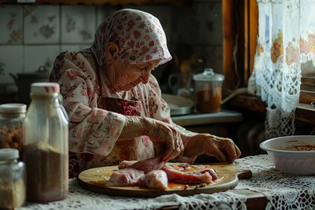 Elderly woman cooking meat in her kitchen. Selective focus.の素材