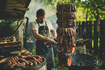Man cooking sausages on barbecue grill in the garden at summerの素材
