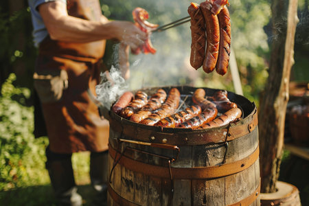 Grilled sausages on a barbecue grill, close-up.の素材