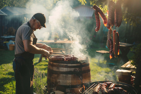 A man prepares sausages on a barbecue grill in the garden.の素材