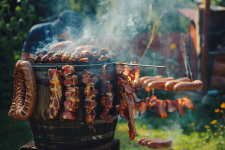 Sausages on the grill. Roasted sausages in the smoke.の素材