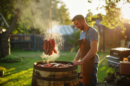 Man preparing sausages on barbecue grill outdoors in summer garden.の素材