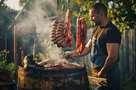 Man preparing sausages on barbecue grill outdoors. Barbecue partyの素材