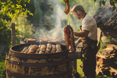 Barbeque party in the countryside. A man in a white shirt is cooking sausages on the grill.の素材