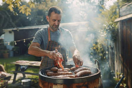 Portrait of a man cooking sausages on barbecue grill outdoorsの素材