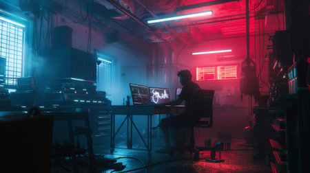 Man working at computer at night in a dark room with red light.の素材