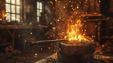 A blacksmith forging a metal product on a blacksmith's forgeの素材