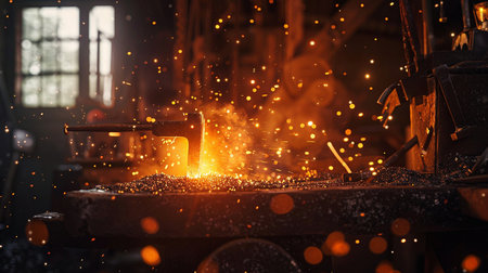 Worker in a metallurgical plant, working with metal, sparks fly to the sidesの素材