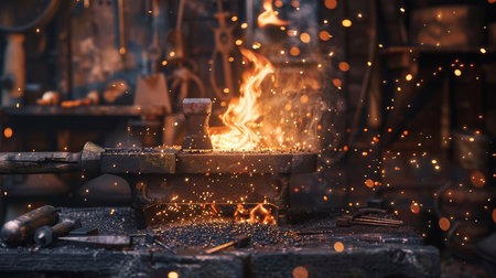 blacksmith with a torch and sparks on the blacksmith's workbenchの素材