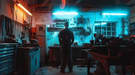 Man working in the workshop at night. The concept of industrial work.の素材