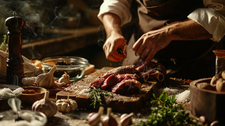 Chef cooking meat on wooden board in restaurant kitchen, closeupの素材
