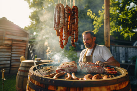 Man cooking sausages on barbecue grill outdoors. Smiling man cooking sausages on barbecue grill.の素材