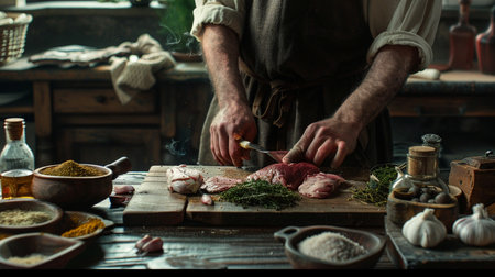 Man cutting meat on a wooden board in the kitchen. Selective focus.の素材