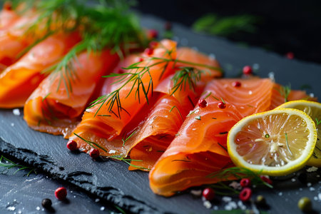 Slices of smoked salmon with lemon and herbs on a black backgroundの素材