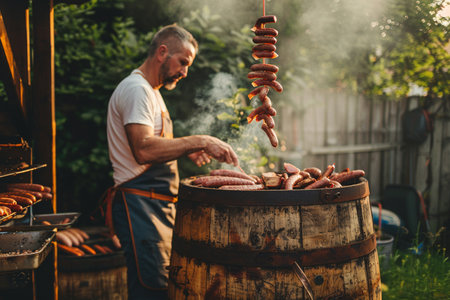A man prepares sausages on the grill in the garden.の素材