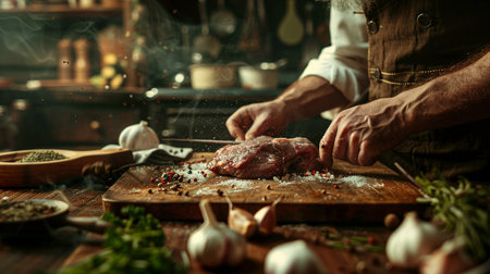 Man cooking meat on a wooden kitchen table with spices and vegetables.の素材