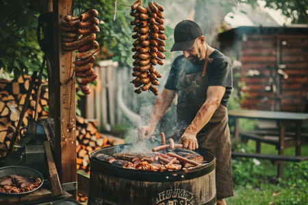 A man prepares sausages on the grill in the summer.の素材