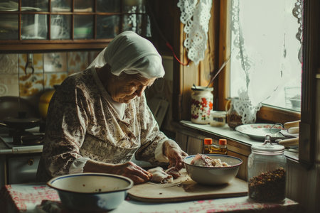 Elderly woman cooking in the kitchen. Selective focus.の素材