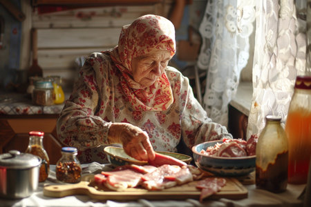 Elderly woman cooking meat in her home kitchen. Selective focus.の素材