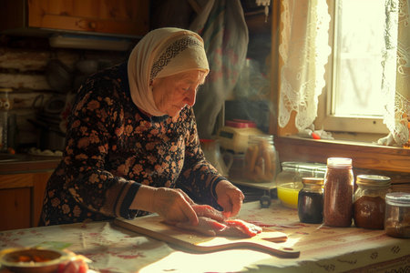 Elderly woman cutting meat in the kitchen. Selective focus.の素材