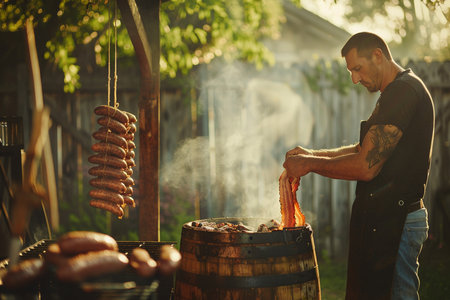 Man preparing sausages on a barbecue grill in the backyard.の素材