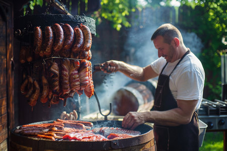 A man in a white T-shirt and a black apron is cooking sausages on a barbecue.の素材