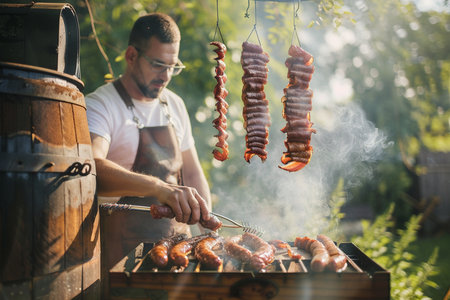 Barbeque party. Man preparing sausages on barbecue grill outdoors.の素材