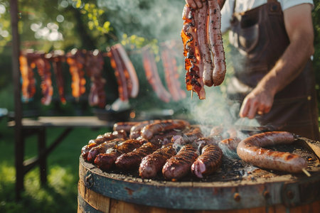 Grilling sausages on barbecue grill outdoors. Close-up of man preparing sausages on barbecue grill.の素材