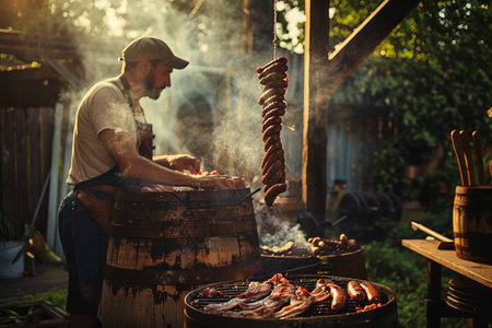 Man cooking sausages on barbecue grill outdoors. Grilled meat.の素材