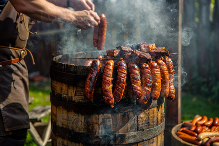 Grilled sausages on a wooden barrel in the garden.の素材