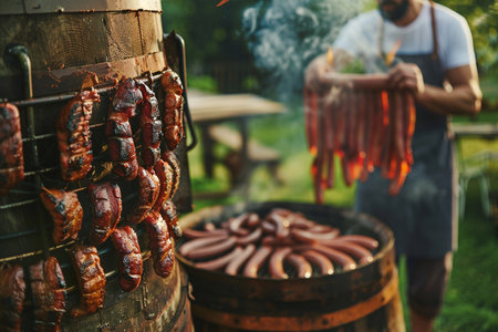 Barbecue with sausages on the grill in the summer.の素材