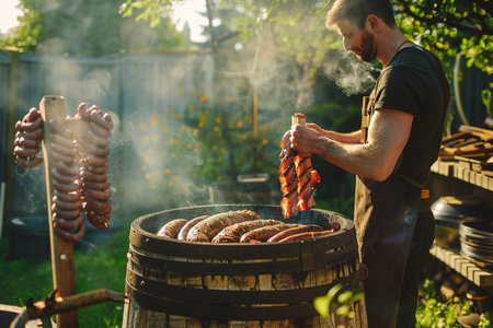 A man in a black T-shirt prepares sausages on the grill.の素材