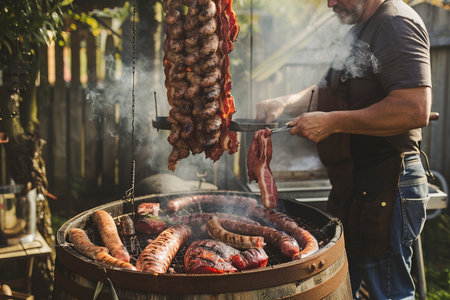 Barbeque with grilled meat and sausages on grill.の素材
