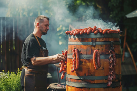 Grilled sausages on the grill. A man in a black T-shirt and apron prepares sausages.の素材