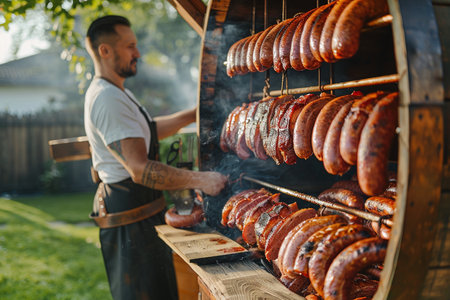 Smoked sausages on a spit in the open air.の素材