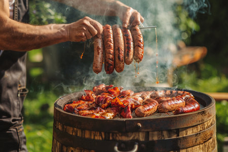 Closeup of a man's hands cooking sausages on barbecue grill outdoorsの素材