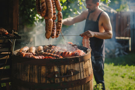 Barbeque with sausages and shish kebab on a skewerの素材