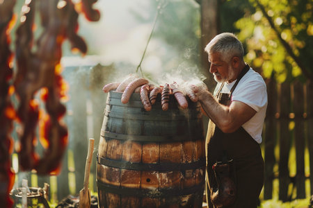 Senior man with sausages and red wine in vineyard.の素材