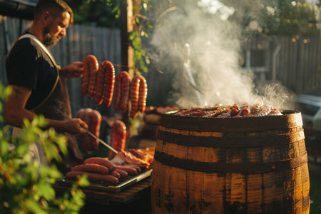 Man preparing sausages on barbecue grill outdoors in summer day.の素材
