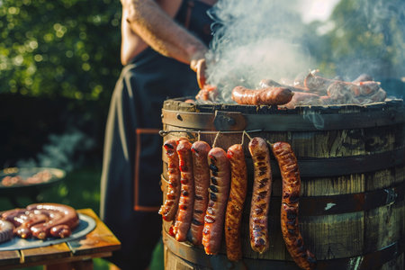 Grilled sausages on a barbecue grill in the garden.の素材