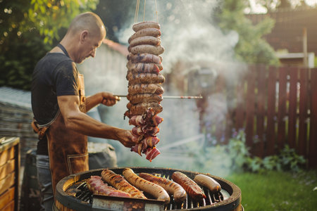 Man preparing meat on a barbecue grill outdoors. Barbecue in nature.の素材