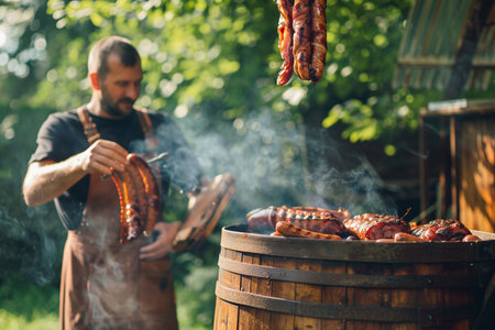 Man cooking sausages on barbecue grill outdoors. Man preparing sausages on barbecue grill.の素材