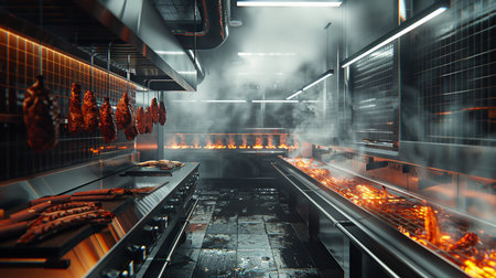 3D rendering of the interior of a factory for the production of meatの素材