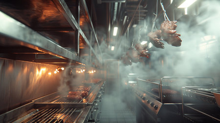 Meat production line in a factory. Process of making meat products.の素材