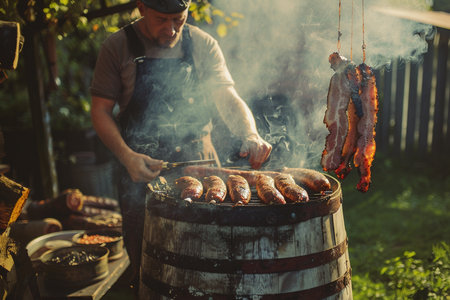 Barbecue on the terrace of a country house. Grilling sausages on the grill.の素材