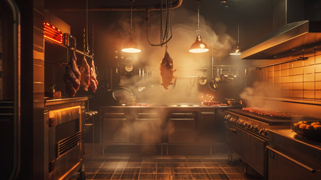 Flaming meat in the kitchen at night. Cooking concept.の素材