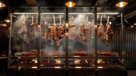 smoked meat hanging on the rack in a butcher shop with smokeの素材