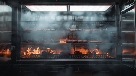 Roasting meat in a modern oven, close-up view.の素材