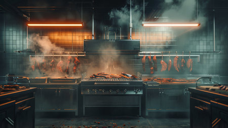 3d rendering of a restaurant kitchen with a fire in the backgroundの素材