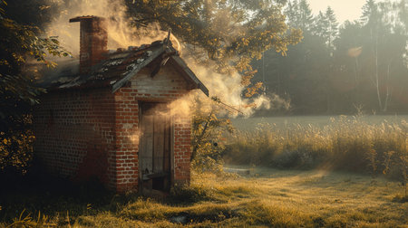 Burning house in the foggy meadow in the early morningの素材